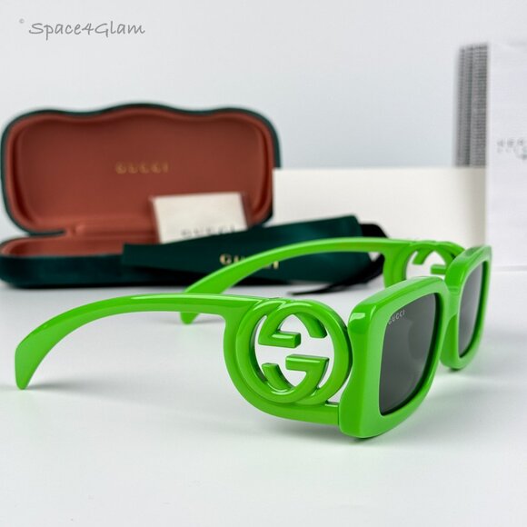 BRAND NEW Gucci GG1325S 009 Acid Green Grey Rectangle Unisex Sunglasses - Picture 1 of 10